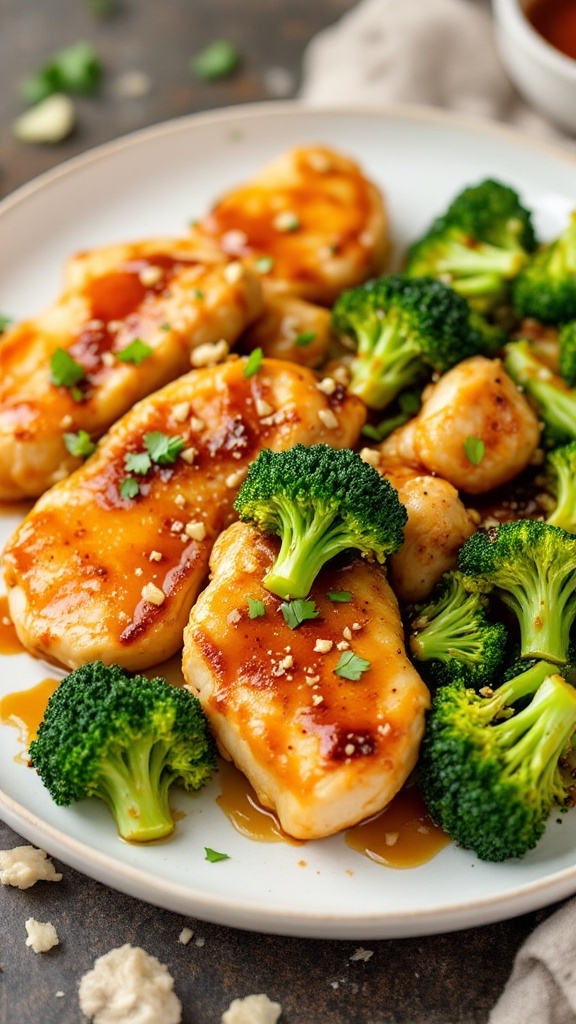 Plate of honey garlic chicken with broccoli