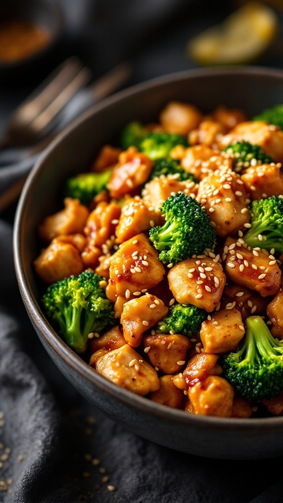 A bowl of honey garlic chicken with broccoli, garnished with sesame seeds.