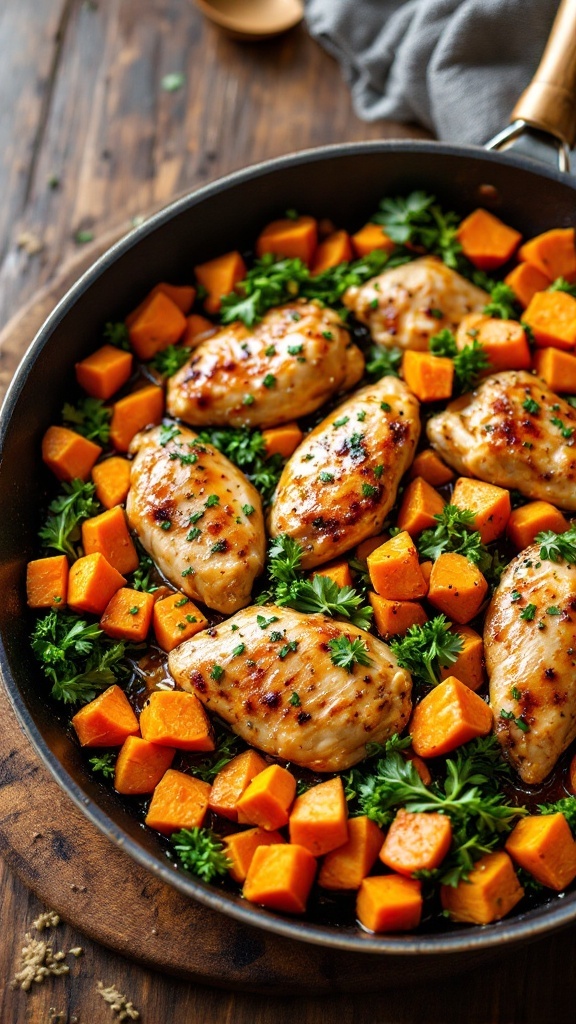 Honey Garlic Chicken with diced sweet potatoes in a skillet