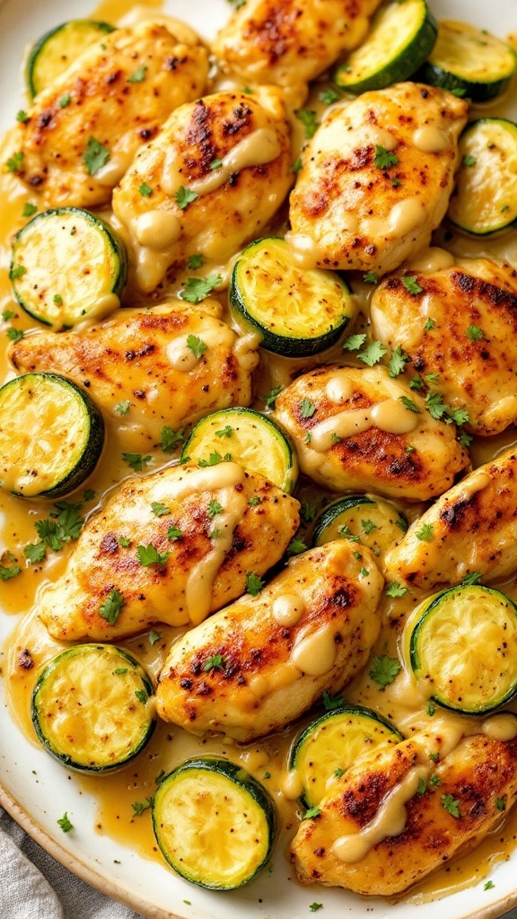 A delicious honey mustard chicken and zucchini bake dish.