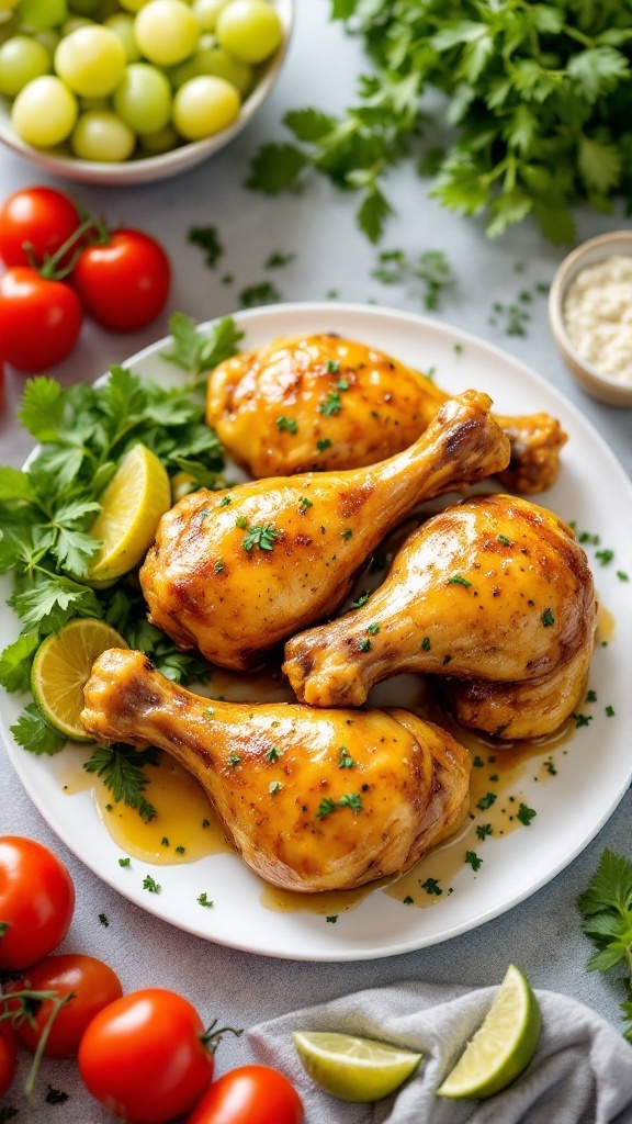 Honey mustard glazed chicken drumsticks on a plate garnished with herbs