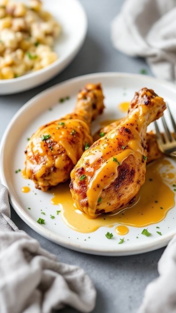 Plate of honey mustard chicken drumsticks drizzled with sauce