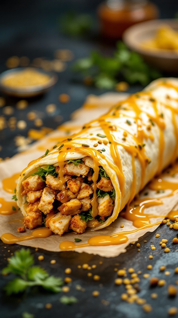 Honey Mustard Chicken Kathi Roll with fresh vegetables and sauce