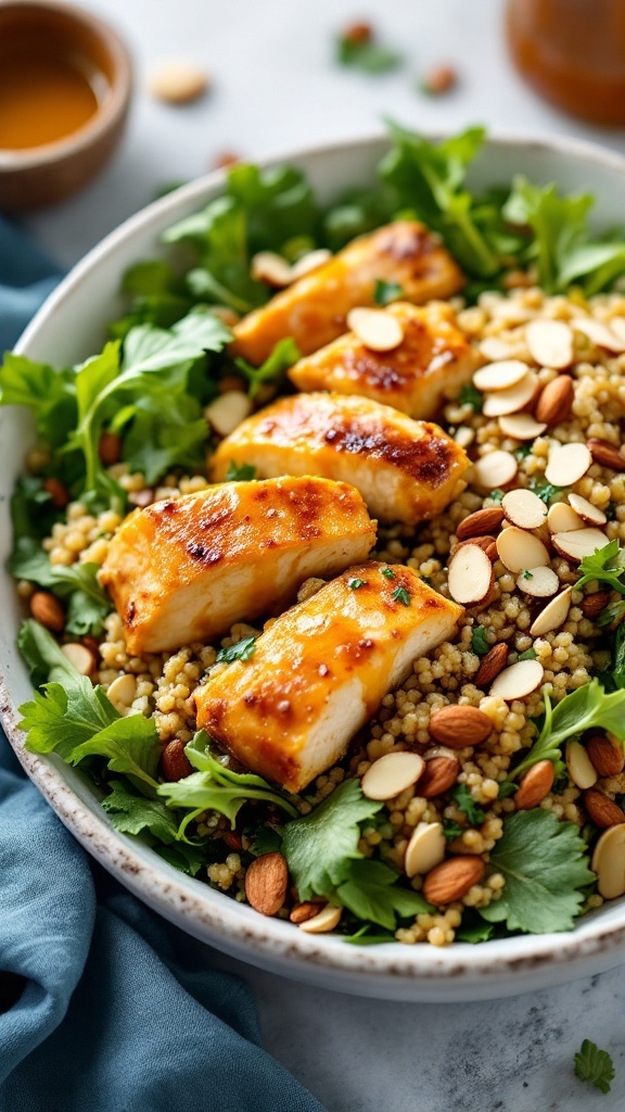 A colorful bowl filled with honey mustard chicken, quinoa, and greens