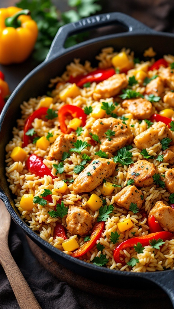 A colorful Honey Mustard Chicken Rice Skillet with chicken, rice, bell peppers, and corn