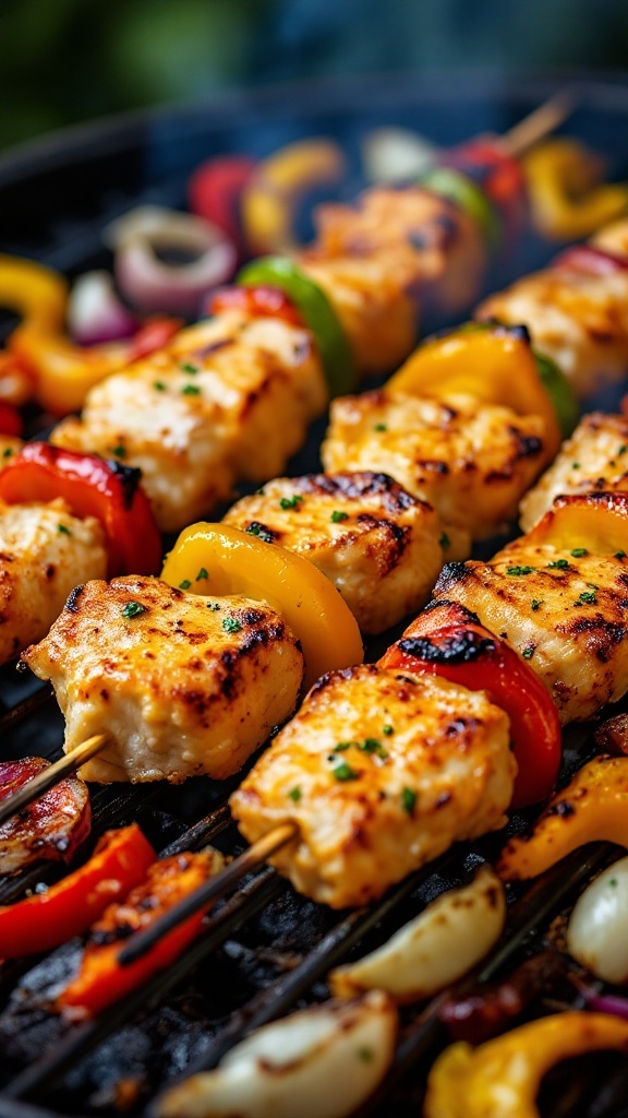 Honey mustard chicken skewers on a grill with colorful vegetables