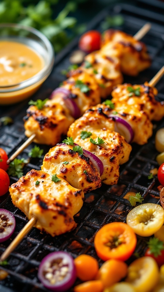 Delicious honey mustard chicken skewers ready for grilling with colorful veggies