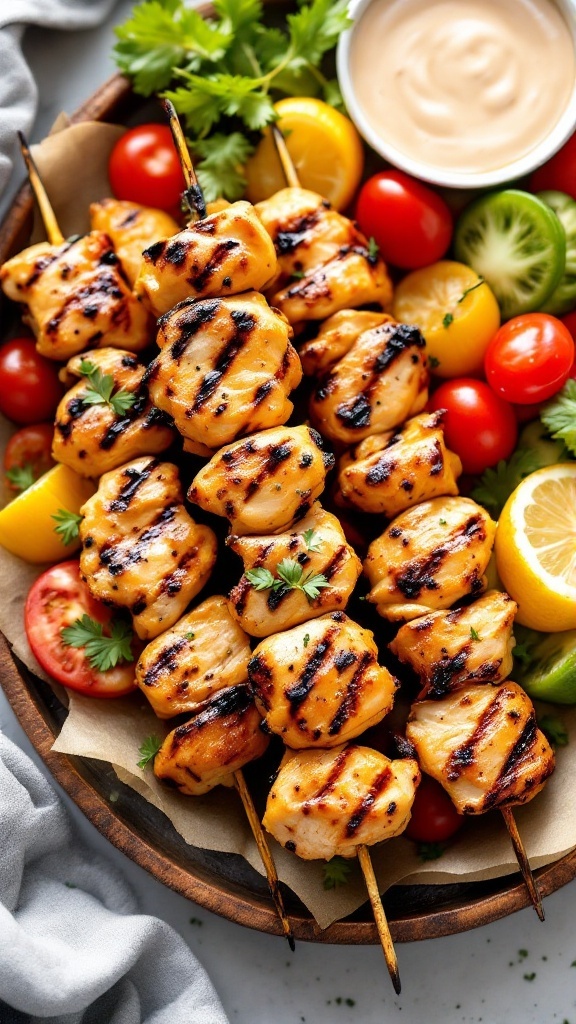 Honey mustard chicken skewers on a platter with fresh vegetables and a dipping sauce