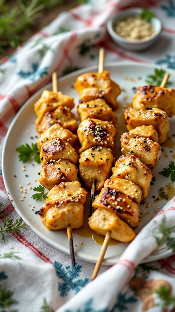 Honey mustard chicken skewers garnished with sesame seeds