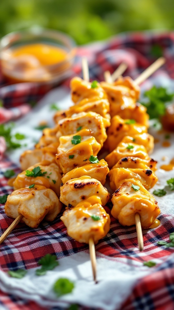 Grilled honey mustard chicken skewers garnished with herbs