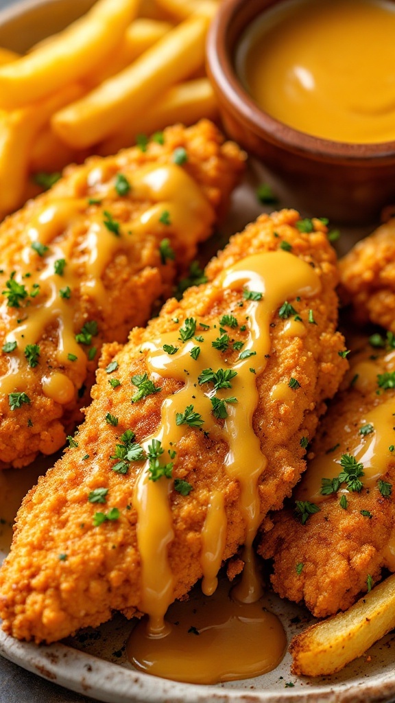 Plate of honey mustard chicken tenders with fries and dipping sauce