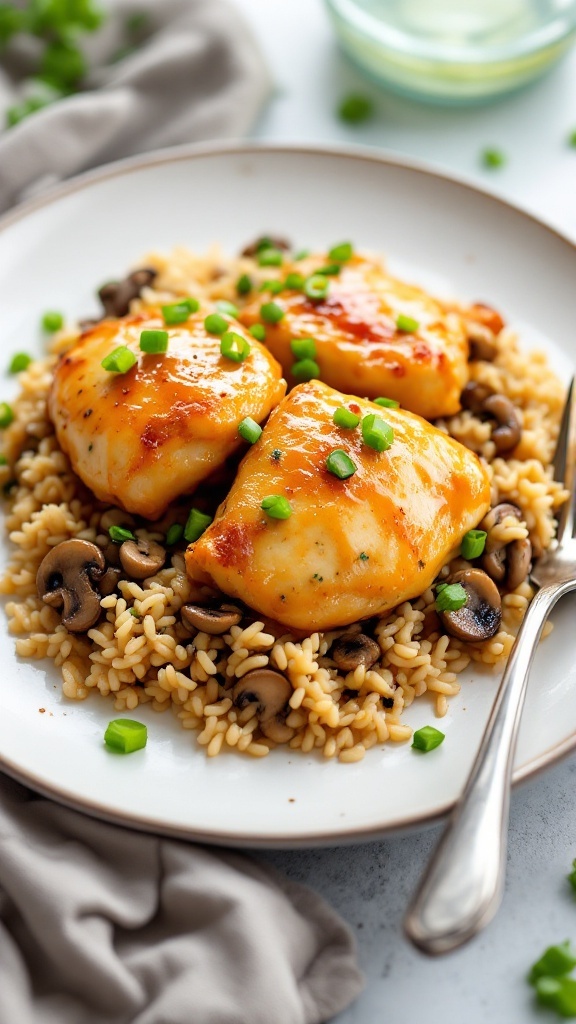 Honey mustard chicken thighs served over mushroom rice with green onions