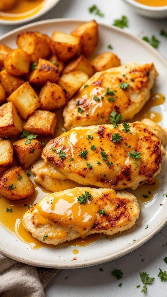 Honey mustard chicken served with roasted potatoes and garnished with parsley.