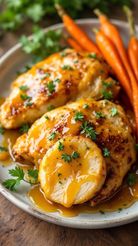 Honey Mustard Glazed Chicken with Carrots on a plate garnished with parsley.