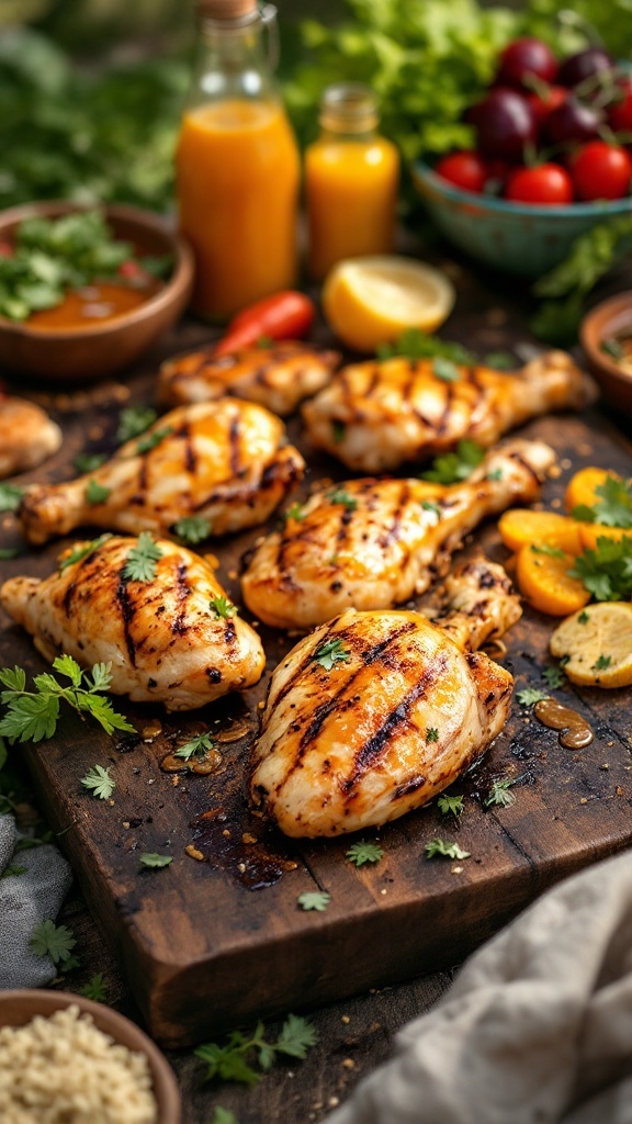 Grilled chicken with honey mustard glaze on a wooden cutting board, garnished with herbs