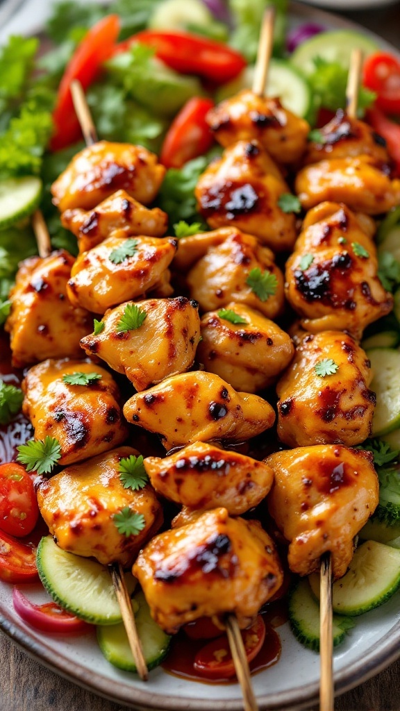 Delicious honey soy glazed chicken skewers served with fresh vegetables.