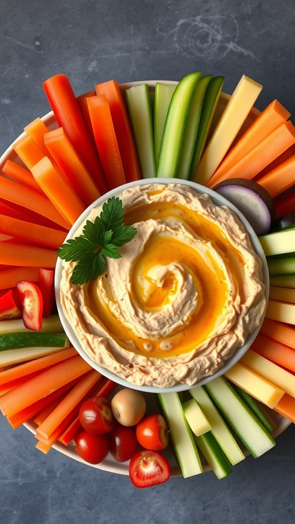 A colorful platter featuring hummus surrounded by a variety of sliced vegetables.