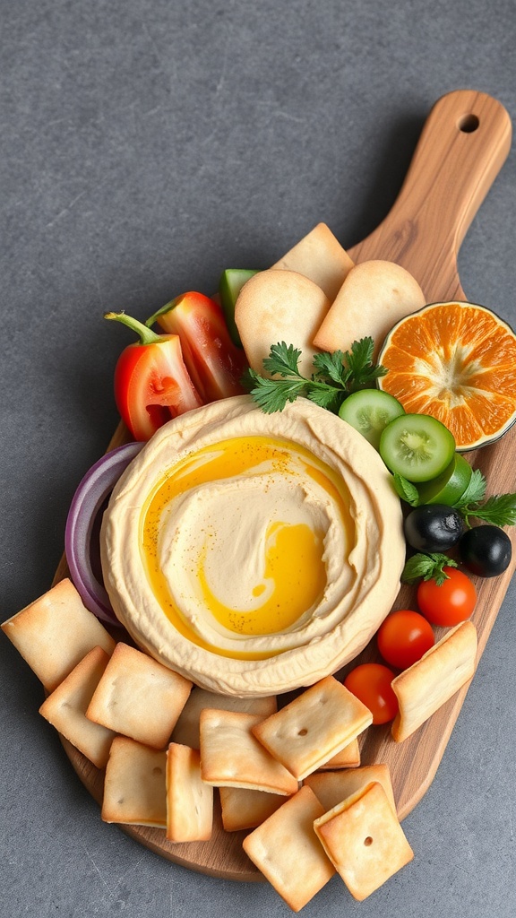 A colorful hummus and veggie platter with pita chips, tomatoes, cucumbers, and a variety of veggies.