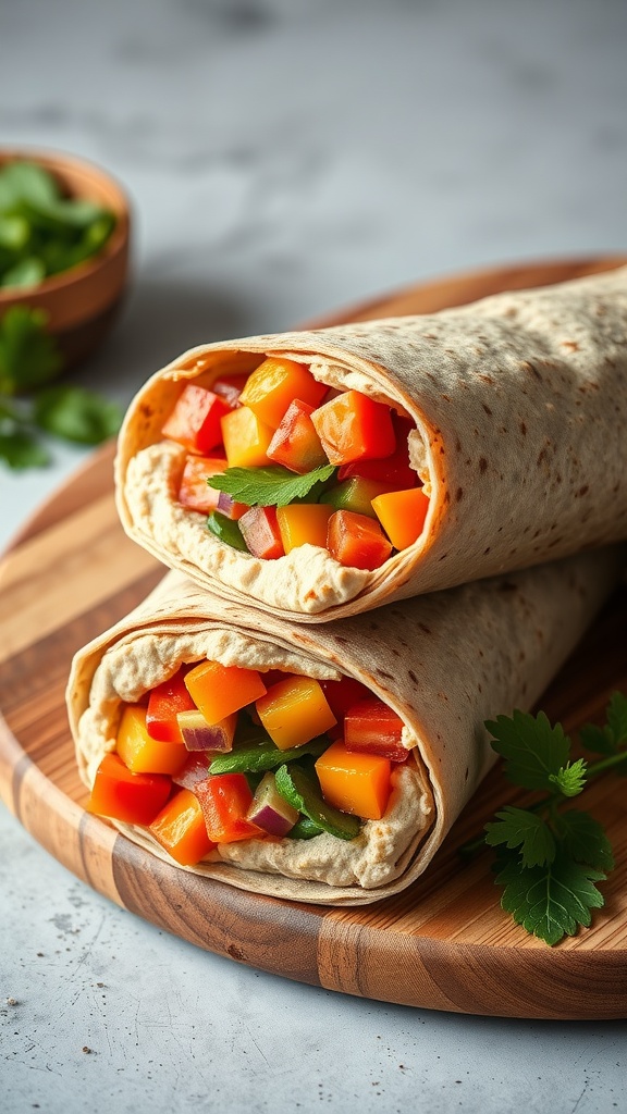 Hummus and veggie wrap with colorful peppers and greens, served on a wooden plate.