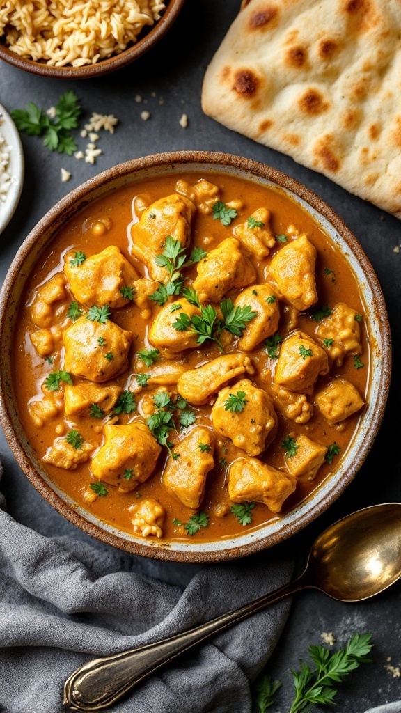 A bowl of Indian Butter Chicken Curry with tender chicken pieces in a creamy sauce, garnished with fresh cilantro.