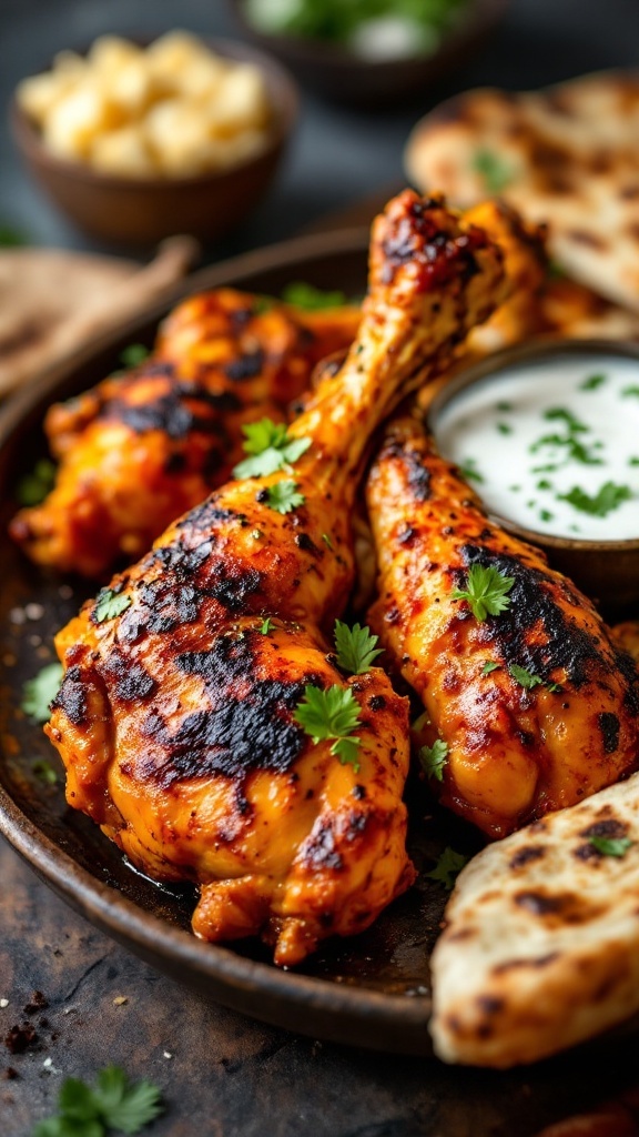 Indian spiced chicken legs displayed on a plate with herbs and sides.