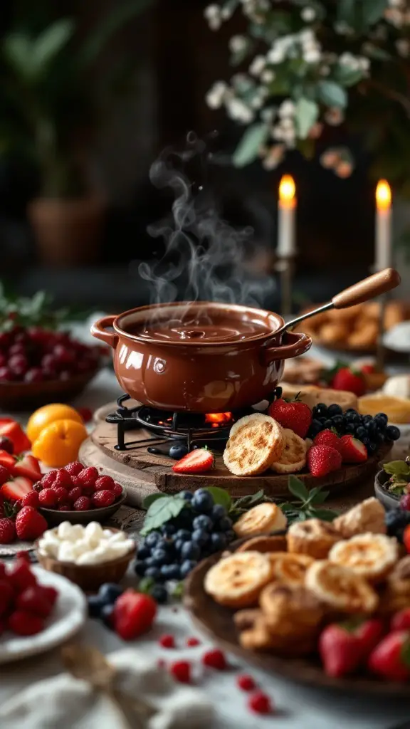 A pot of chocolate fondue surrounded by an array of fresh fruits and treats for dipping.