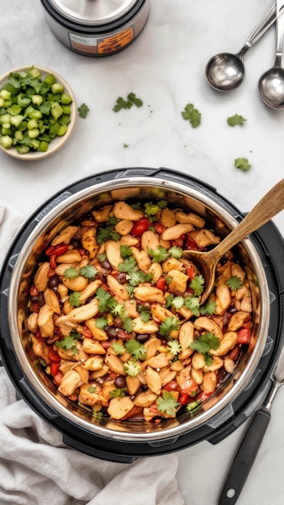 A bowl of colorful chicken fajita casserole with fresh herbs on top.