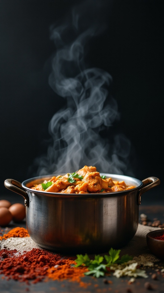 A steaming pot of chicken tikka masala with spices