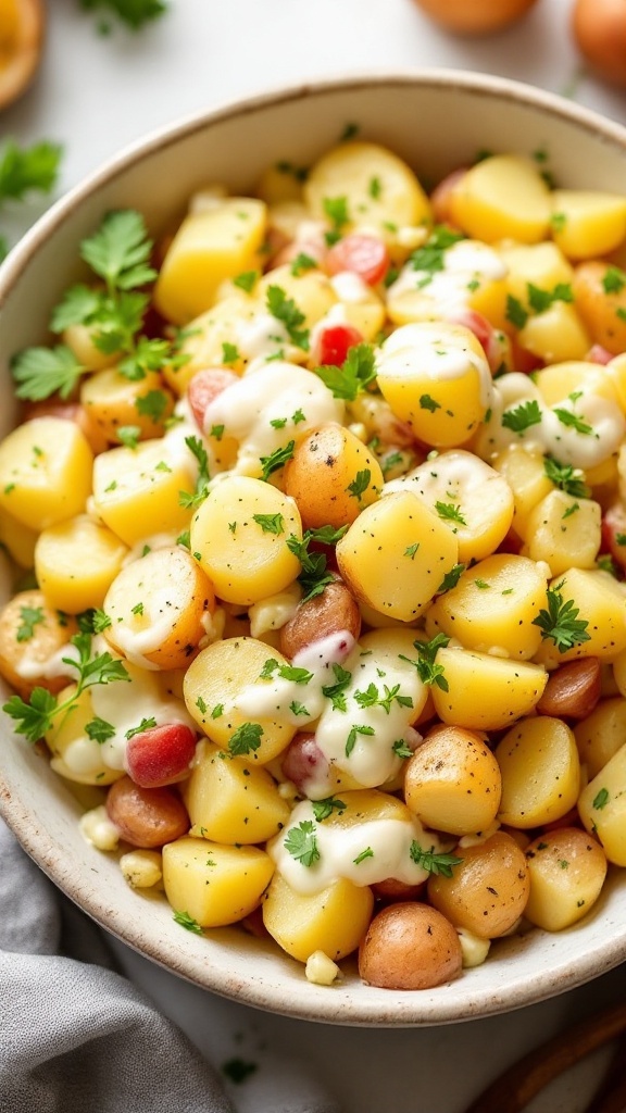 A bowl of creamy potato salad with diced potatoes, celery, and parsley