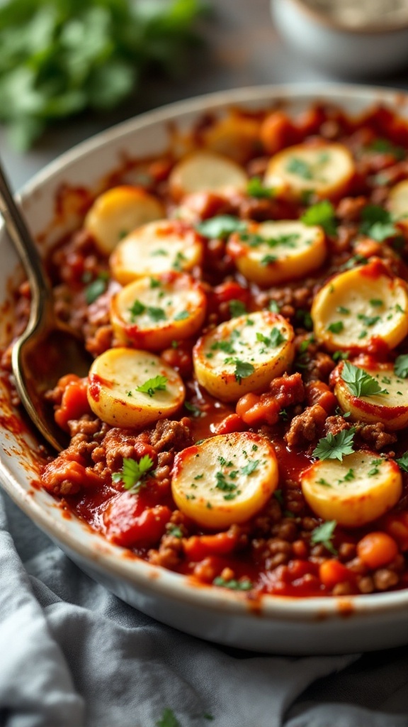 A delicious Italian Beef and Potato Bake with slices of potatoes and ground beef in a savory tomato sauce.