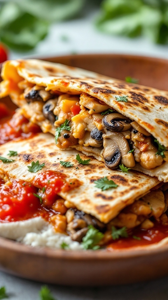 Italian Chicken and Mushroom Quesadilla with a side of marinara sauce