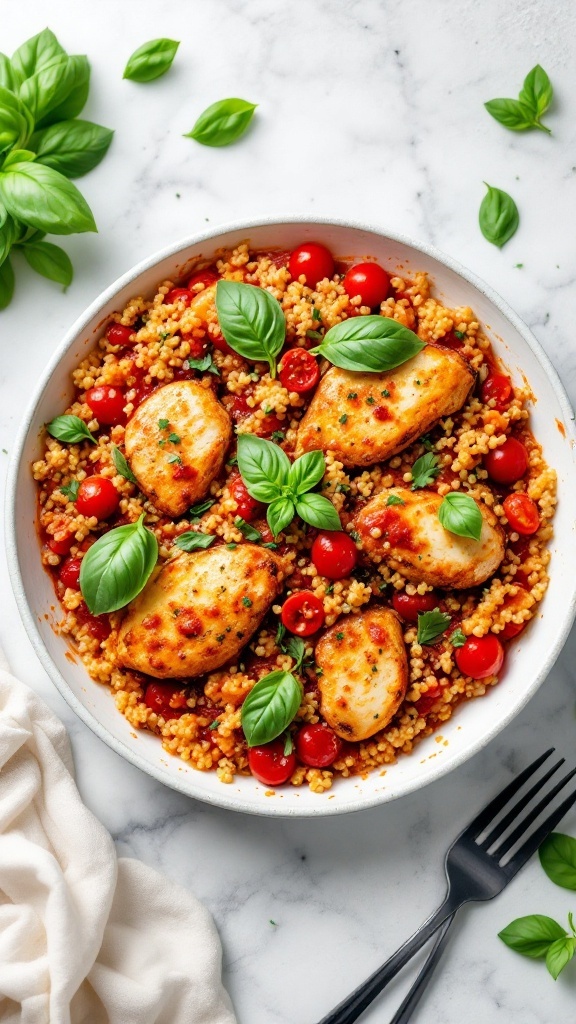 A wholesome bowl of Italian Chicken and Quinoa Bake filled with chicken, quinoa, and cherry tomatoes.