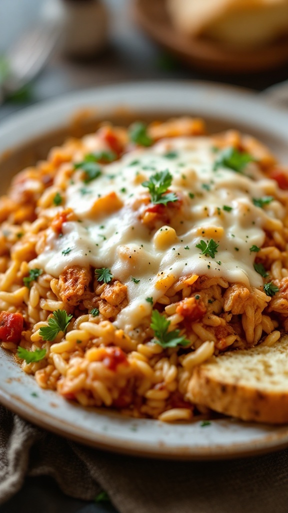 A delicious plate of Italian chicken and rice bake with melted cheese and herbs on top.