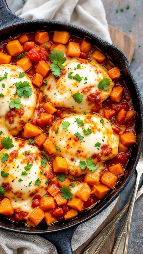 A hearty Italian chicken and sweet potato casserole in a skillet