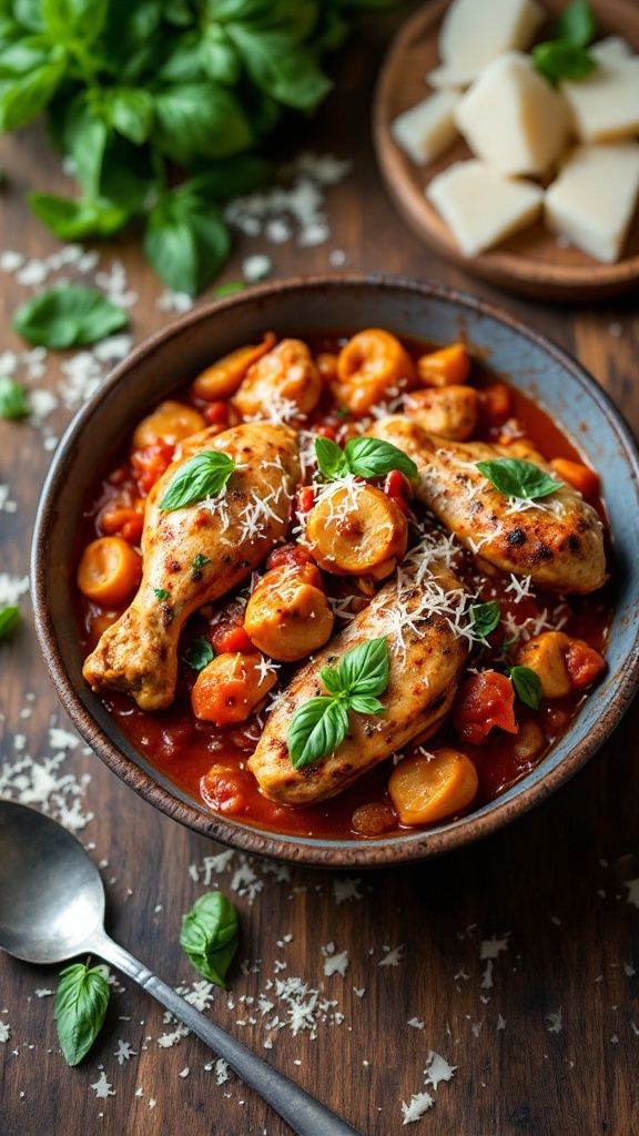 A bowl of Italian Chicken Cacciatore with tender chicken, tomatoes, and herbs.