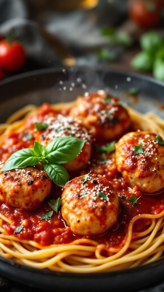 A plate of Italian chicken meatballs served in tomato sauce over spaghetti, garnished with fresh herbs.