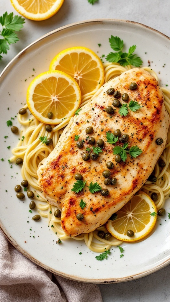 Delicious Italian Chicken Piccata served with pasta and lemon slices