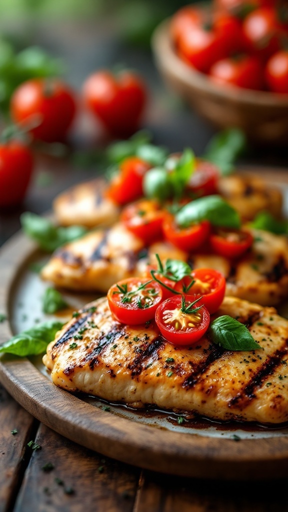 Grilled chicken breasts topped with cherry tomatoes and garnished with basil