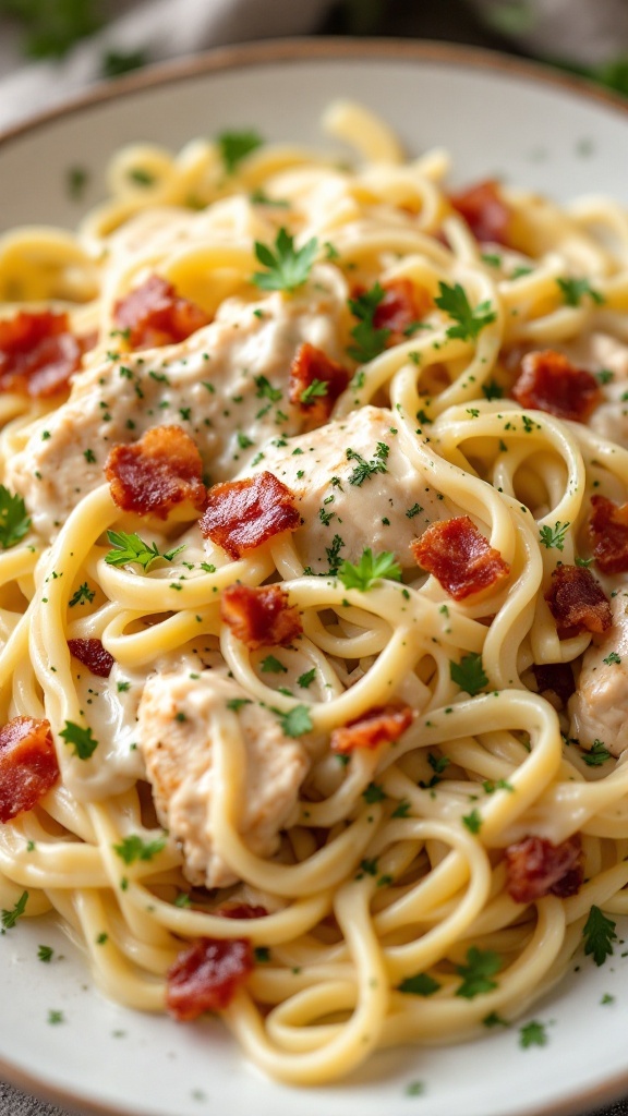 A plate of fettuccine with chicken and bacon in a creamy Alfredo sauce