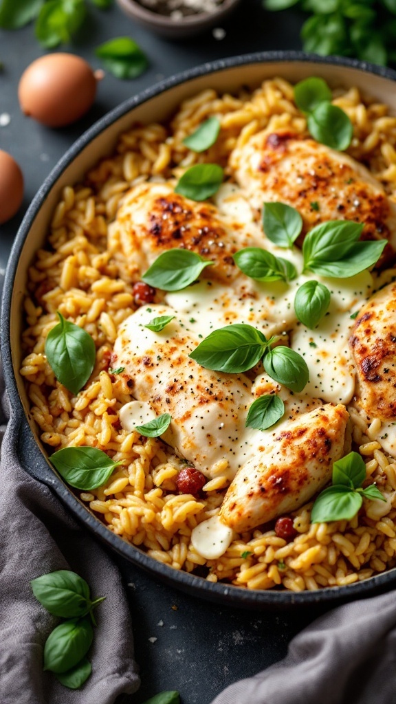 A tasty Italian Herb Chicken and Rice Casserole with chicken, rice, and basil