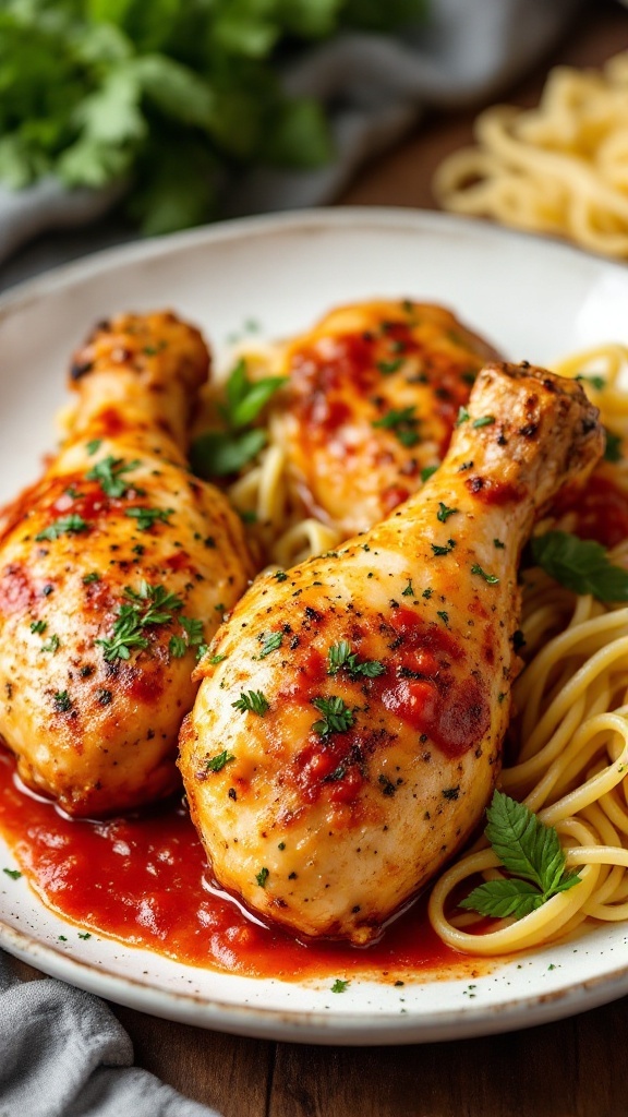 Juicy Italian Herb Chicken Drumsticks served with pasta