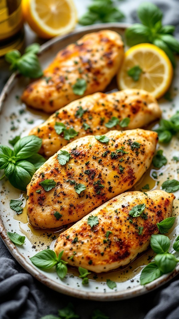 Plate of Italian Herb Chicken Tenderloins garnished with fresh herbs and lemon