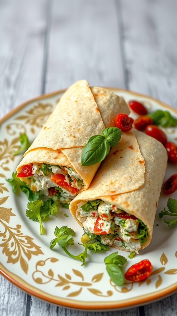 Italian Herb Tuna Melt wrapped in a tortilla with fresh herbs and vegetables.