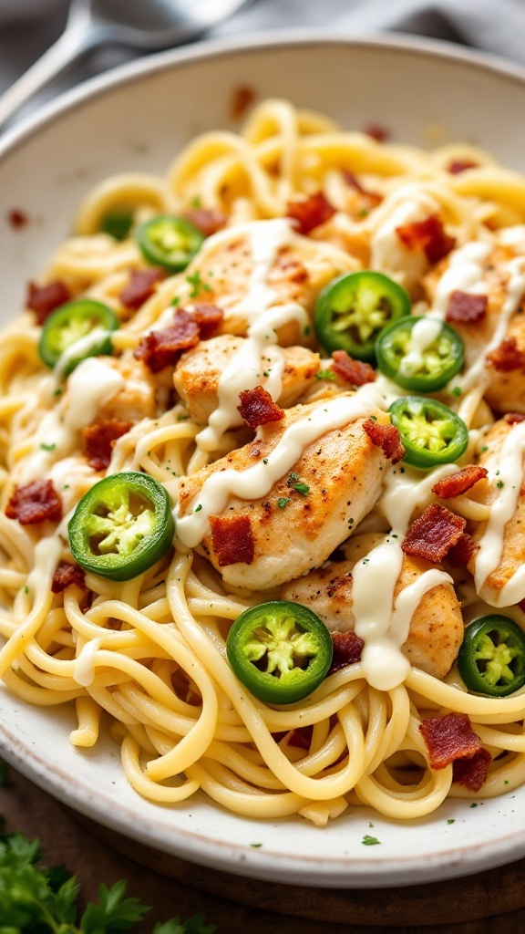 A plate of Jalapeño Popper Chicken and Bacon Alfredo pasta