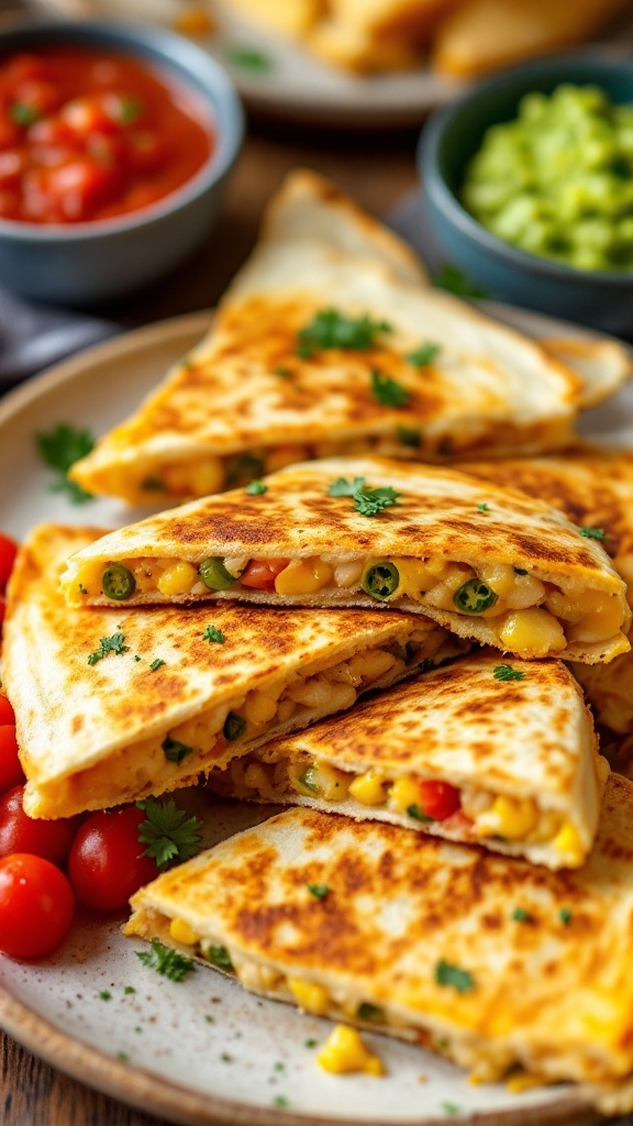 Delicious jalapeno chicken quesadillas served with salsa and guacamole.