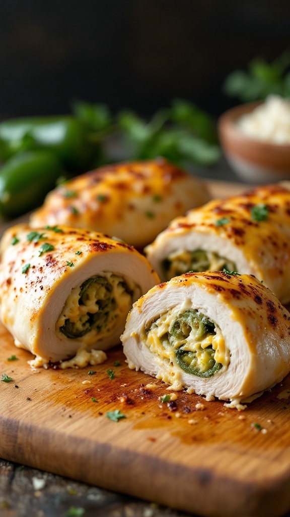 Jalapeno stuffed chicken breasts on a wooden cutting board