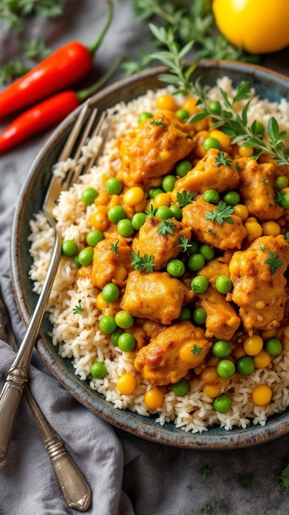 A plate of Jamaican curry chicken served with rice and colorful vegetables.