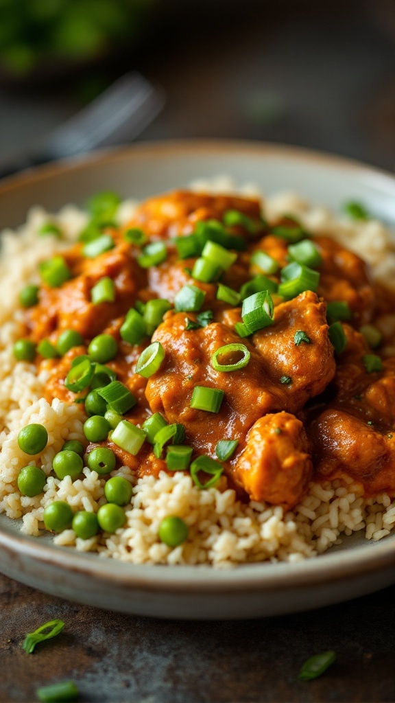 A plate of Jamaican curry chicken served with rice and peas, topped with green onions.