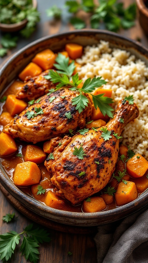 A bowl of Jamaican Jerk Chicken and Sweet Potato Curry with cilantro and rice