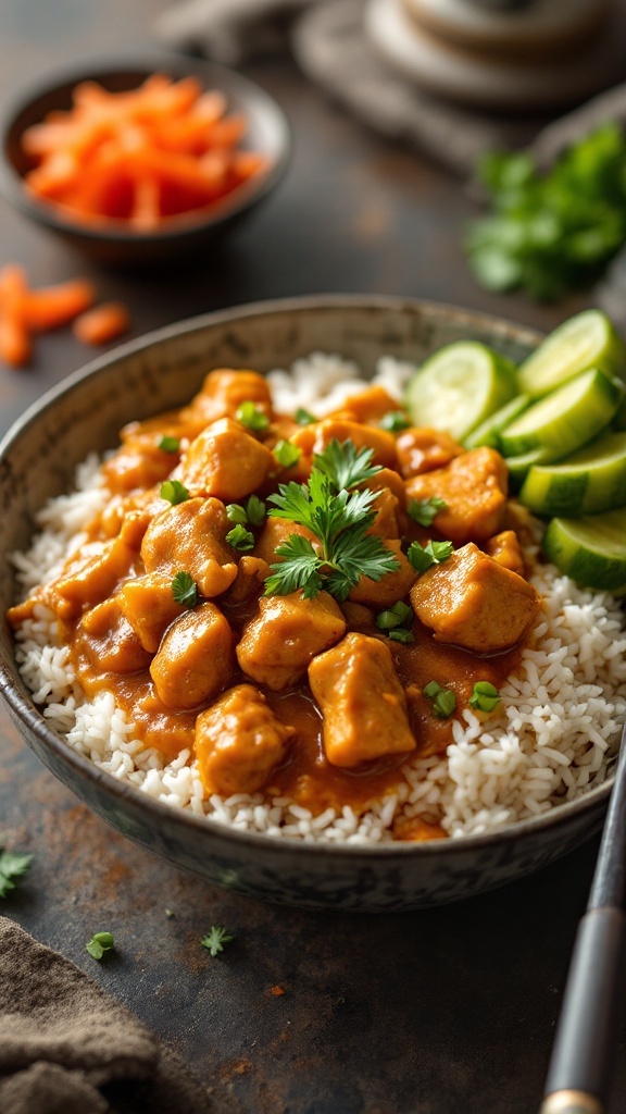 A bowl of Japanese chicken curry served with rice and garnished with sliced cucumbers and herbs.